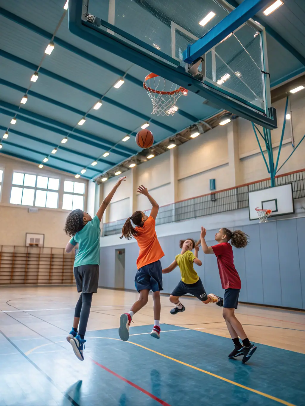 A high-action shot of students playing basketball in the school gymnasium, focusing on teamwork and skill development.