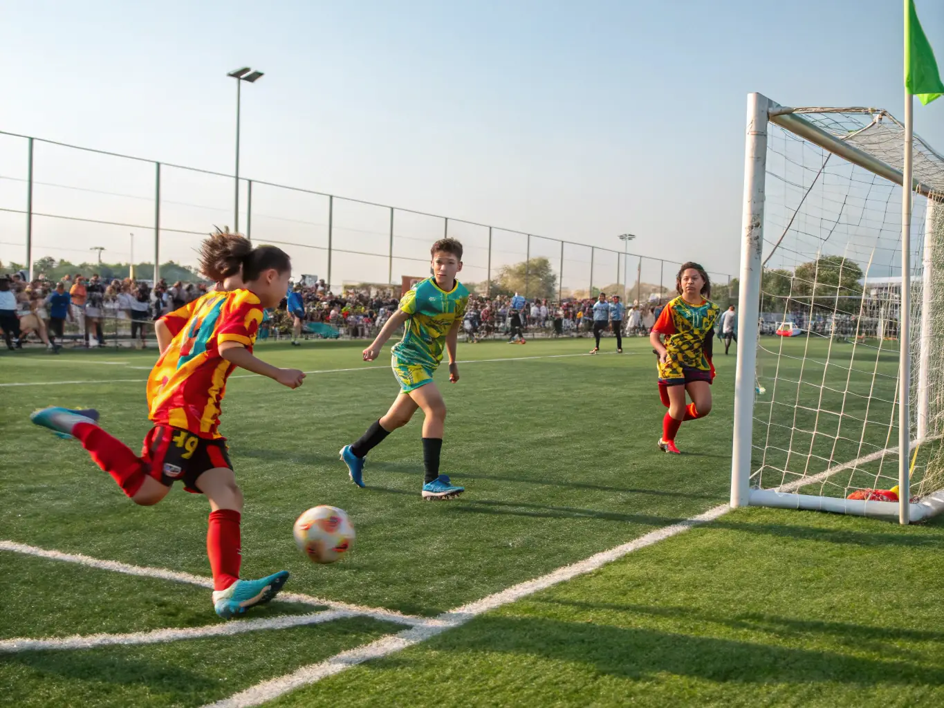 Students participating in a soccer match on the school's outdoor field, demonstrating agility and coordination.