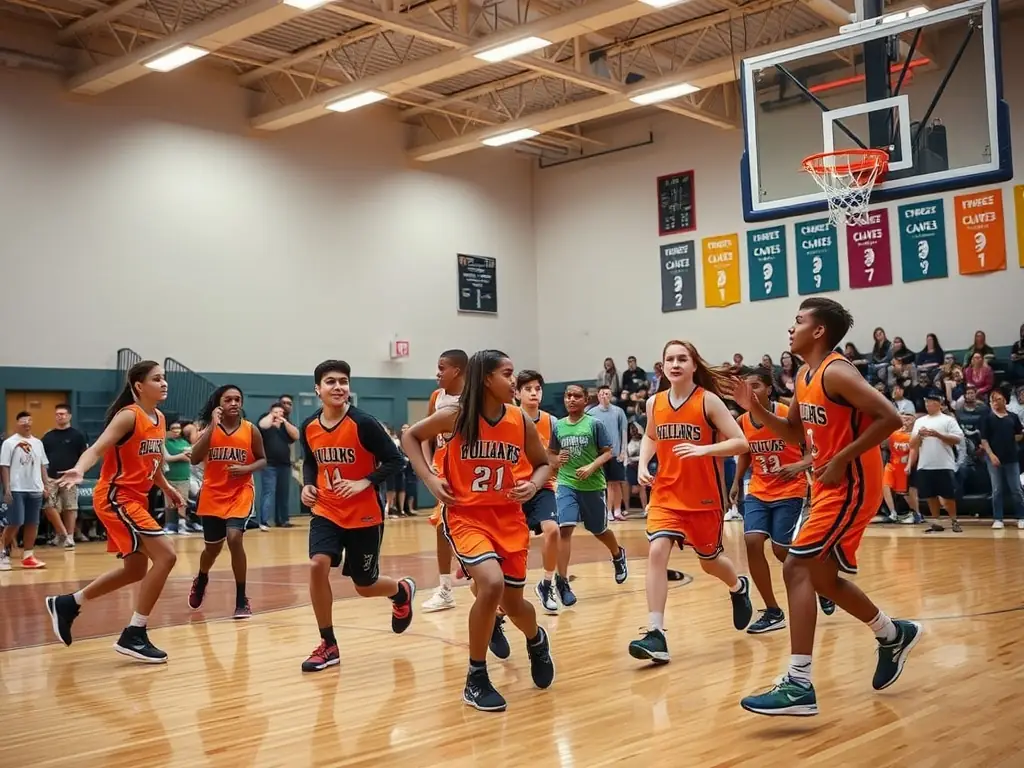 A group of students playing basketball in the school gymnasium, showcasing teamwork and sportsmanship.