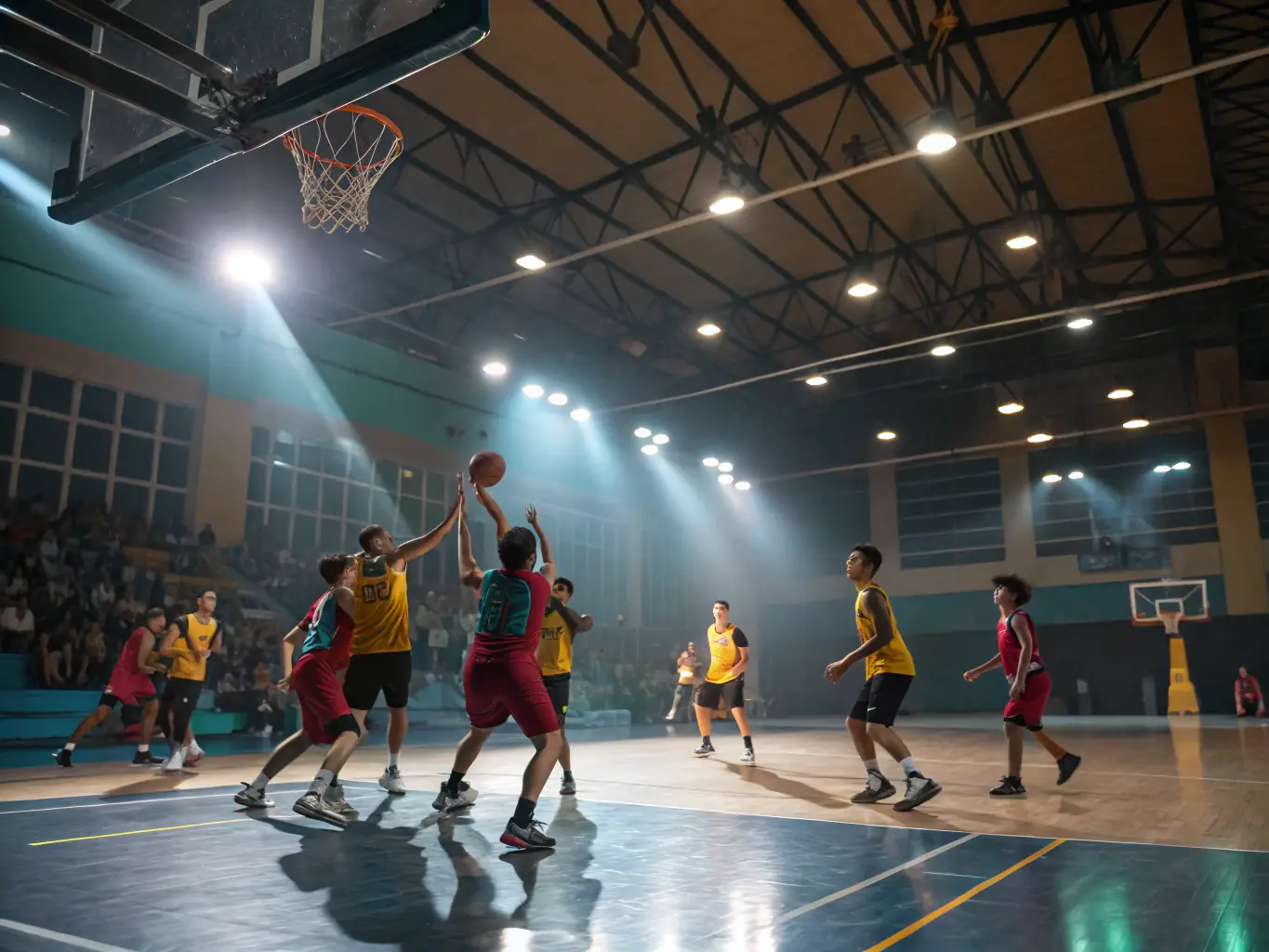 A dynamic image showcasing students participating in a basketball game, dribbling, passing, and shooting, with the school gymnasium in the background and a sense of teamwork and excitement.