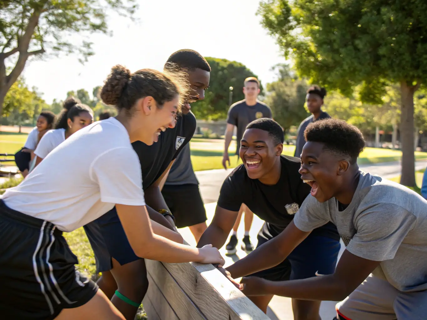 A diverse group of students from ASSOCIATION SPORTIVE DU COLLEGE D'YDES are working together during a team-building exercise, emphasizing collaboration and communication.