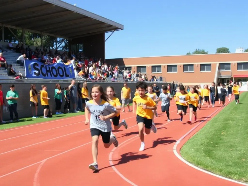 A vibrant image of students participating in a track and field event, running, jumping, and throwing, with the school's track in the background and an atmosphere of determination and achievement.