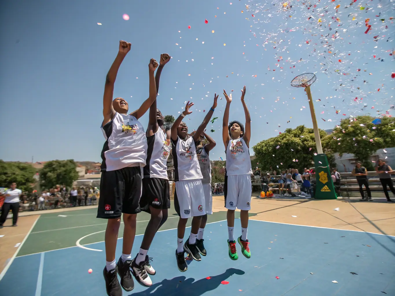 A group of students from ASSOCIATION SPORTIVE DU COLLEGE D'YDES are celebrating a victory after a basketball game, showcasing teamwork and sportsmanship.