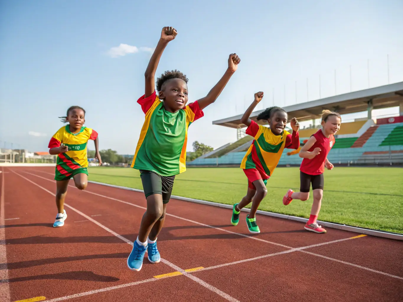 A group of students practicing track and field events on the school's track, emphasizing speed and endurance.