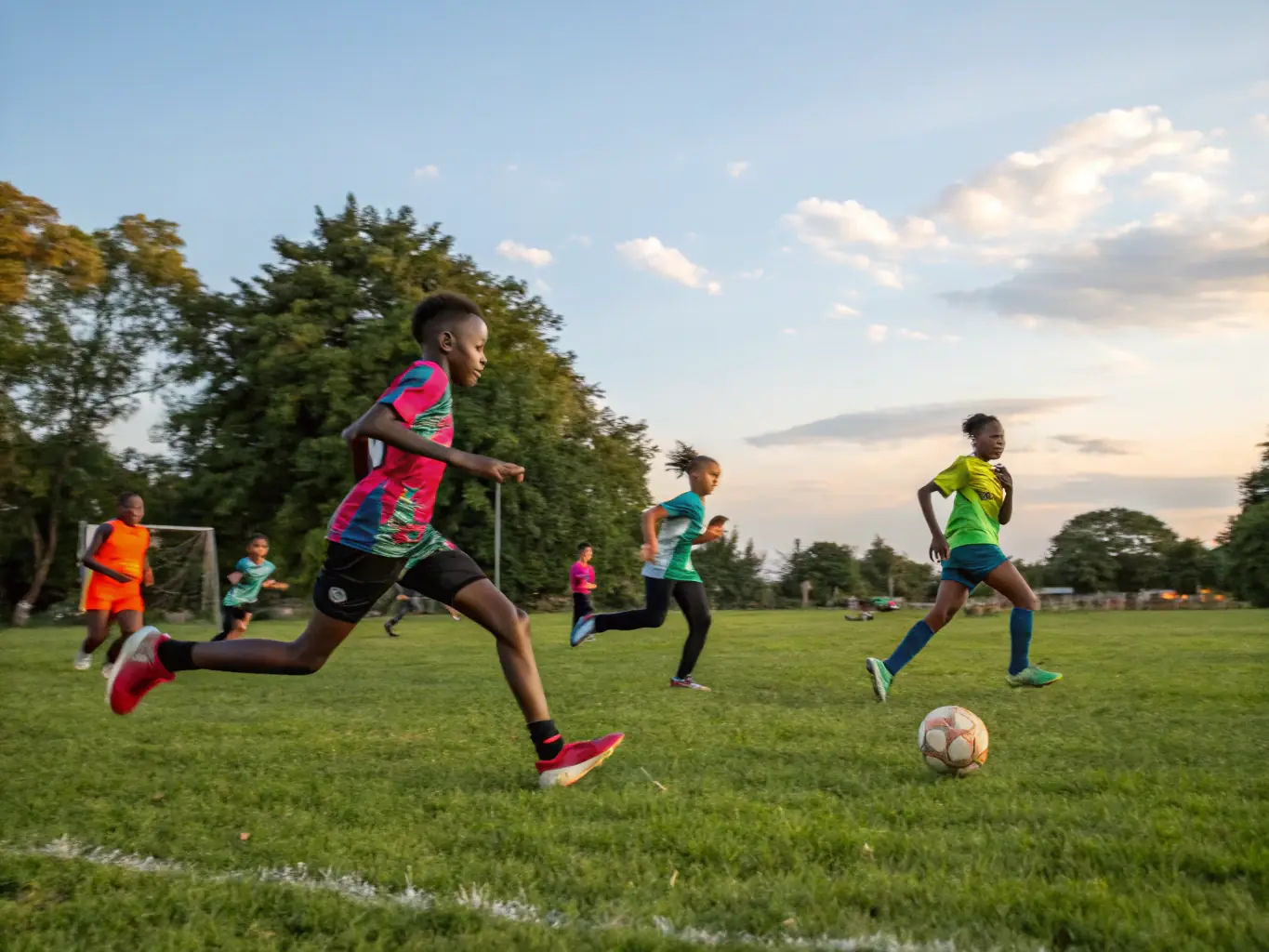 An action shot of students engaged in a soccer match, running, kicking, and defending, with the school's soccer field in the background and a feeling of energy and competition.