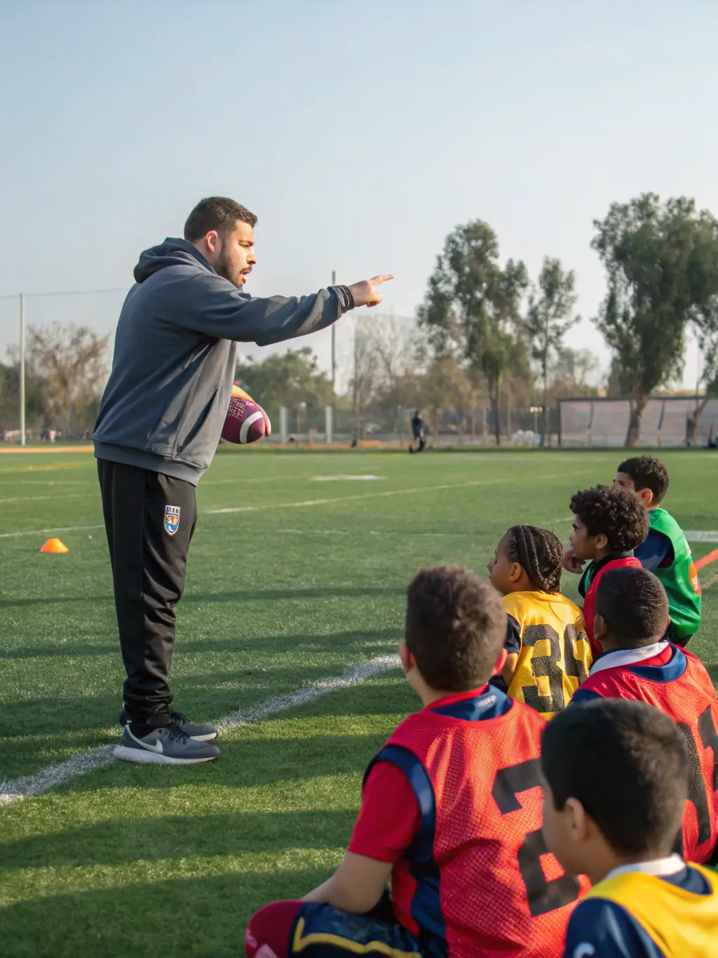 A coach from ASSOCIATION SPORTIVE DU COLLEGE D'YDES is guiding students through a structured training exercise, highlighting discipline and focus.