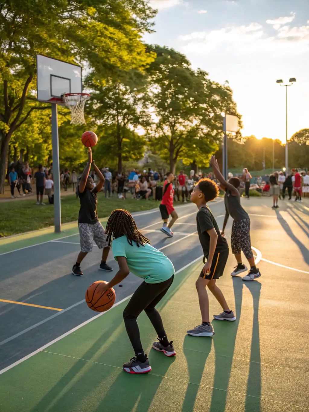 A group of students in ASSOCIATION SPORTIVE DU COLLEGE D'YDES are joyfully participating in a basketball training session, focusing on teamwork and coordination.